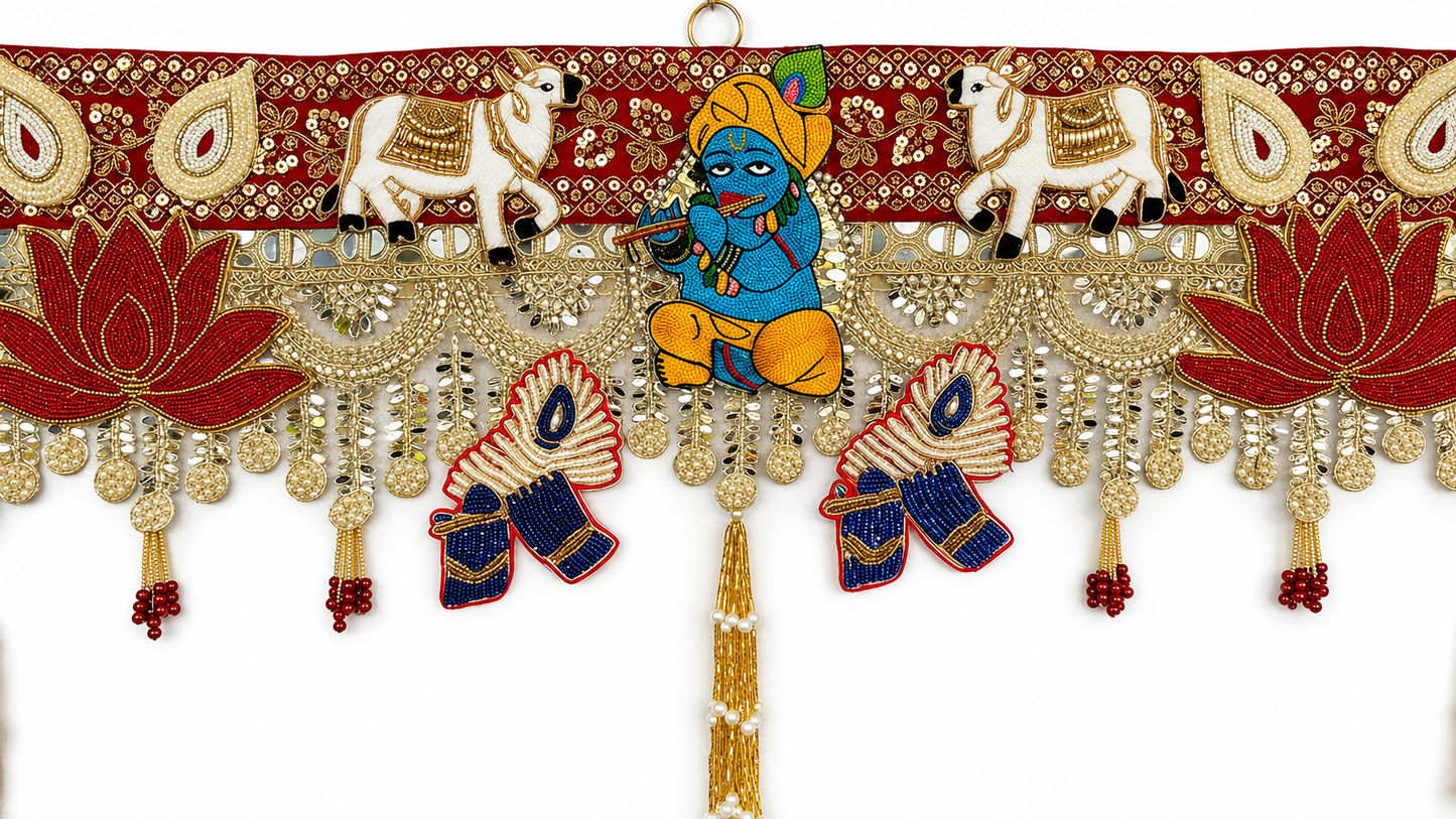 Handmade Toran -Krishna Mor | Luxury Festoon- 40 inches - Decorative Bandarwal for Home, Temple, House Warming, Grah Pravesh, Festival and Diwali