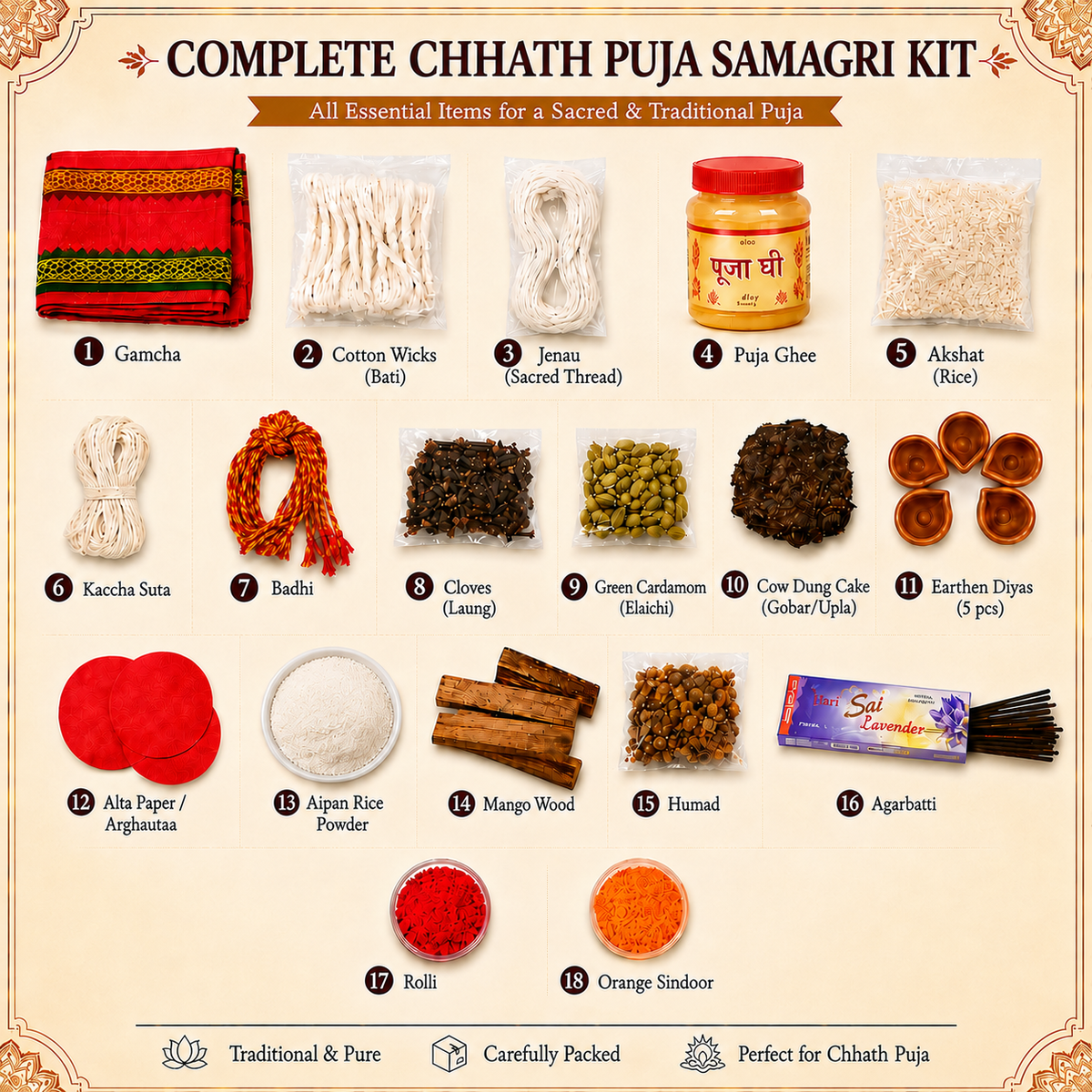 Chhat Puja Samagri Kit with 17 x 16 Inch Handwoven Bamboo Soop | Complete 18-Piece Chhath Pooja Essentials Set for Hindu Festival Rituals, Home & Temple Use (Medium) Chhat/Chath/chhath/Chat