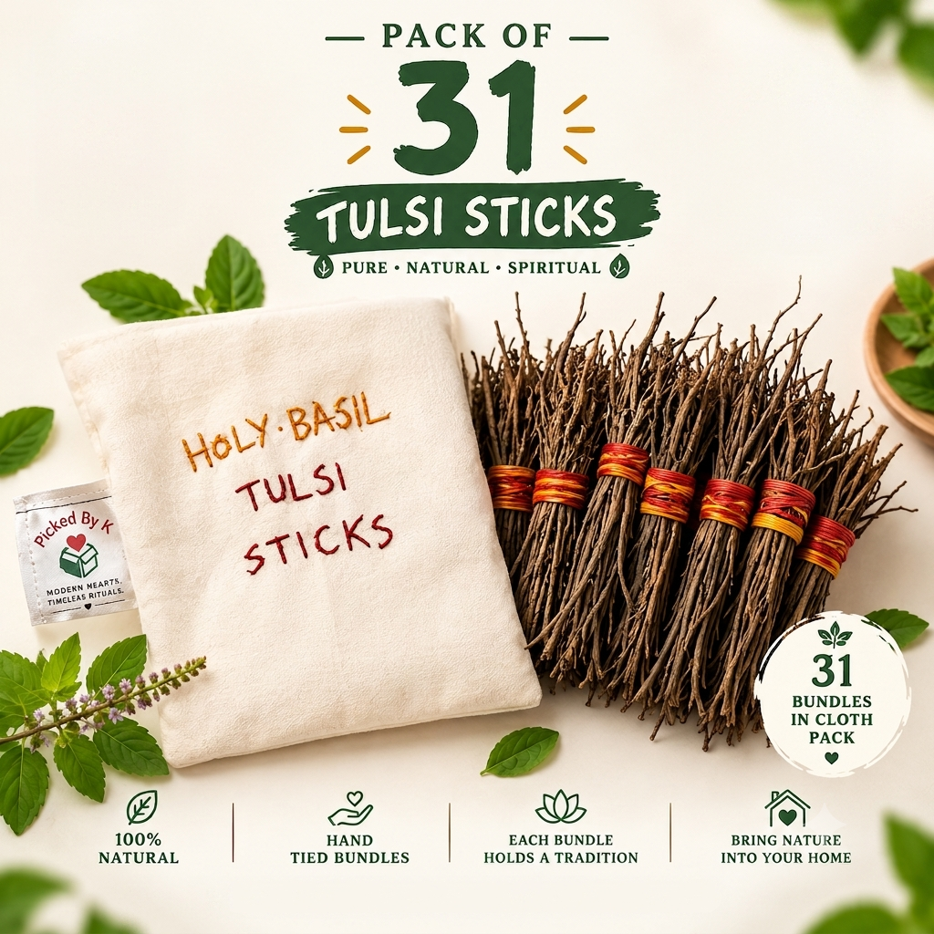 Holy Basil Tulsi Sticks, 31 Bundles in Cotton Pouch for You Monthly Good Vibe Reset