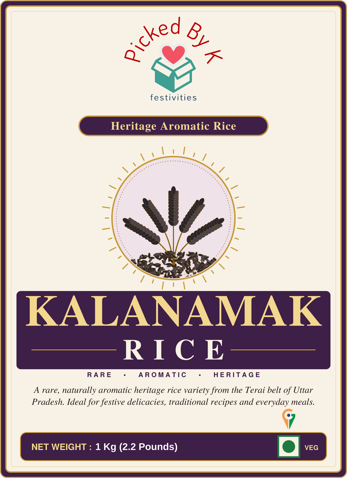 Kalanamak Rice | Heritage Aromatic Rice from Uttar Pradesh | GI Tagged | 1 Kg Zip-Lock Pouch | PickedByK