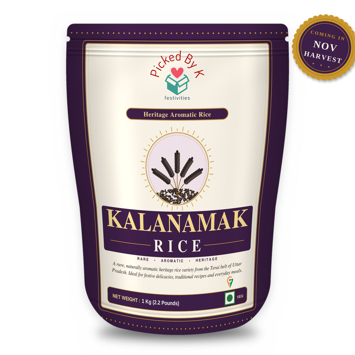 Kalanamak Rice | Heritage Aromatic Rice from Uttar Pradesh | GI Tagged | 1 Kg Zip-Lock Pouch | PickedByK