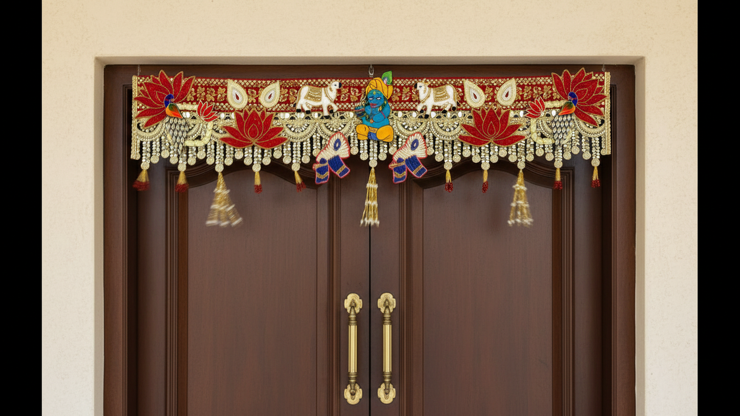 Handmade Toran -Krishna Mor | Luxury Festoon- 40 inches - Decorative Bandarwal for Home, Temple, House Warming, Grah Pravesh, Festival and Diwali